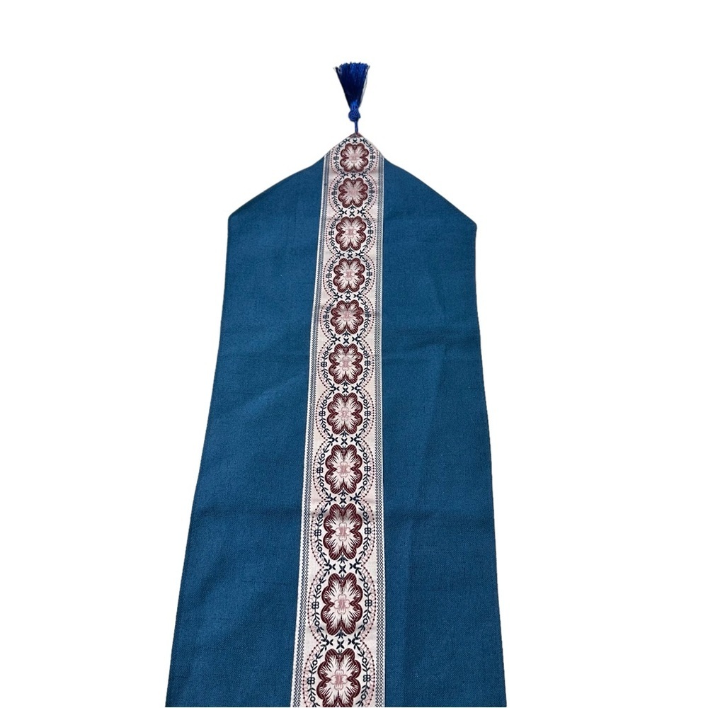 Lovely Blue & Silver Table Runner Embroidered Flowers Tassel Table Linen 12x66”